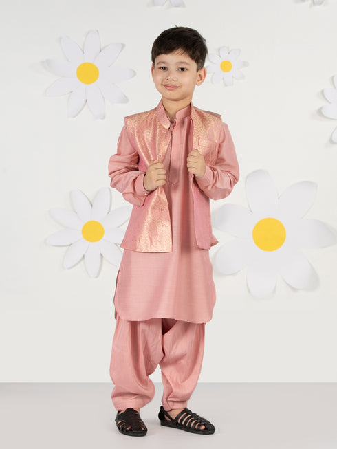 Boy's' Pink Jacket, Kurta And Patiala Set